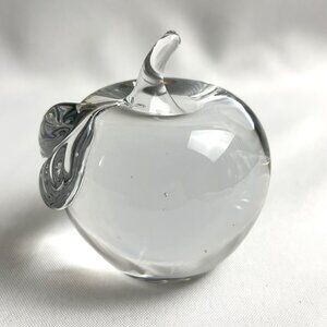 Clear Glass Apple Paperweight Vintage Hand-Blown Sculpted Leaf & Stem 2.25x2.50